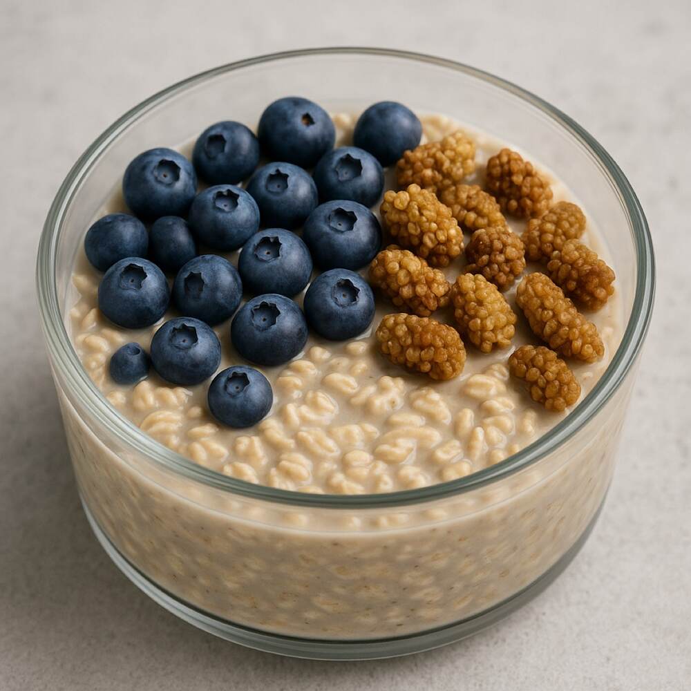 Almond Maca Overnight Oats with Mulberries
