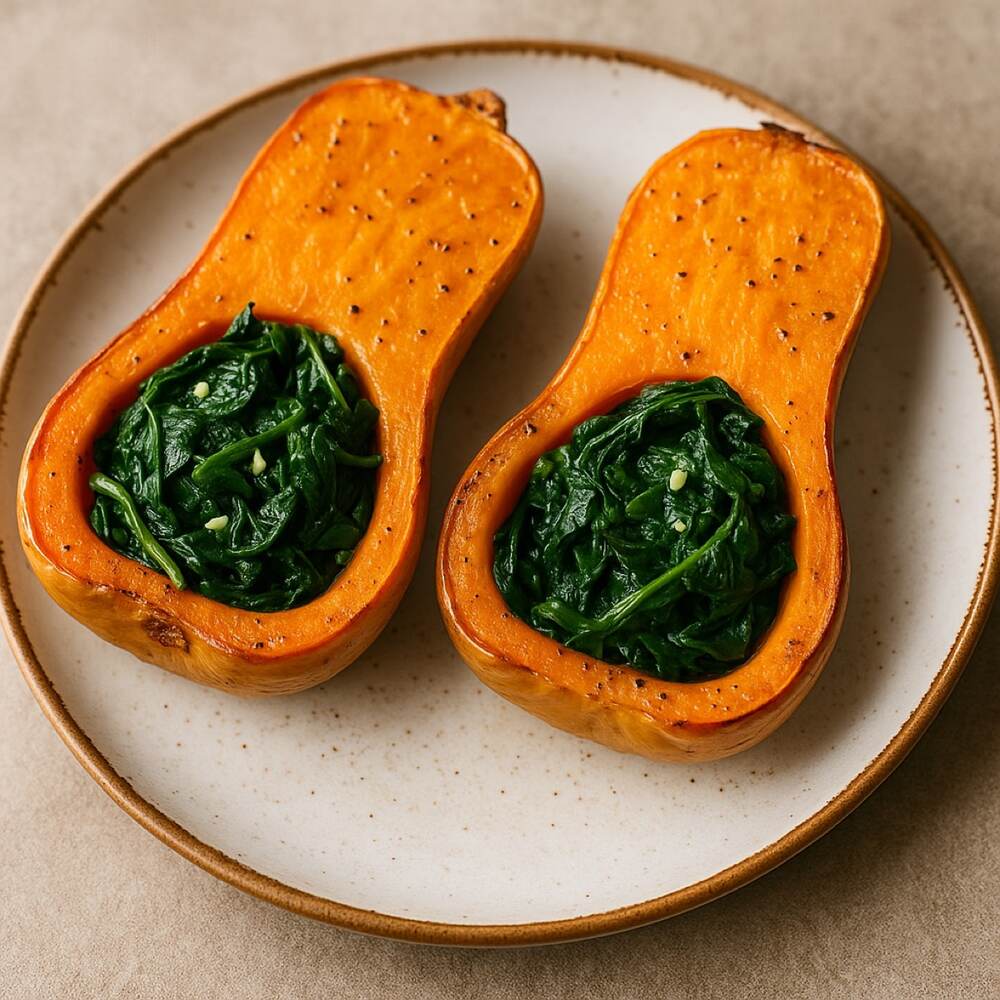 Roasted Butternut Squash with Garlicky Spinach