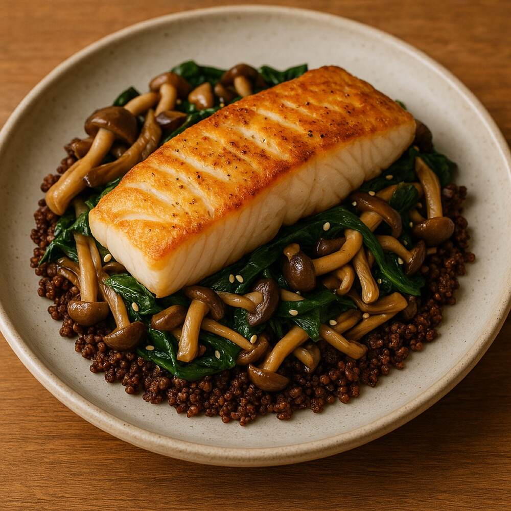 Pan-fried Kingklip with Exotic Mushrooms, Spinach and Canihua
