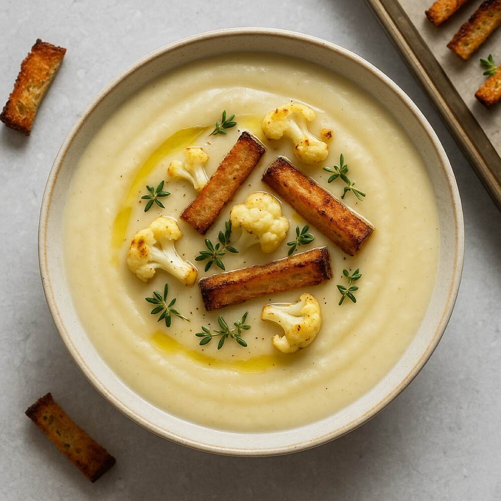 Roasted Cauliflower & Garlic Soup with Homemade GF Croutons