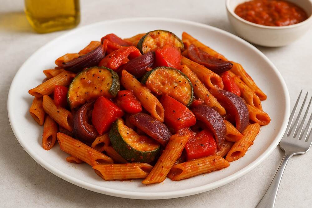Roasted Vegetable Pasta (Gluten Free) with RawSpiceBar Chipotle Spice Mix