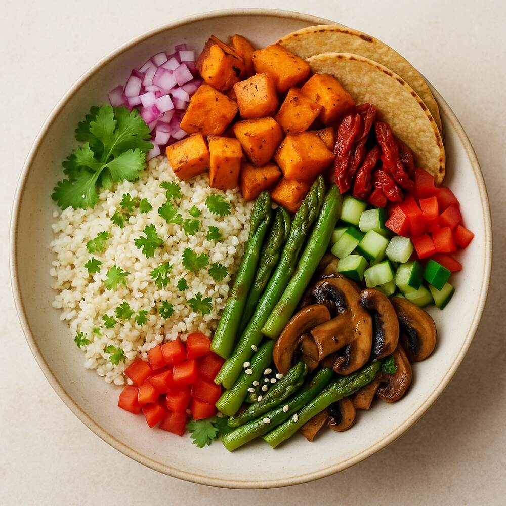 Cauliflower 'Couscous' with Sesame, Sweet Potato & Asparagus
