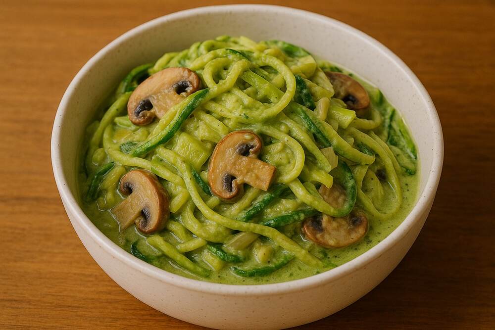 Courgette Pasta with Sauteed Mushrooms and Vegan Pesto