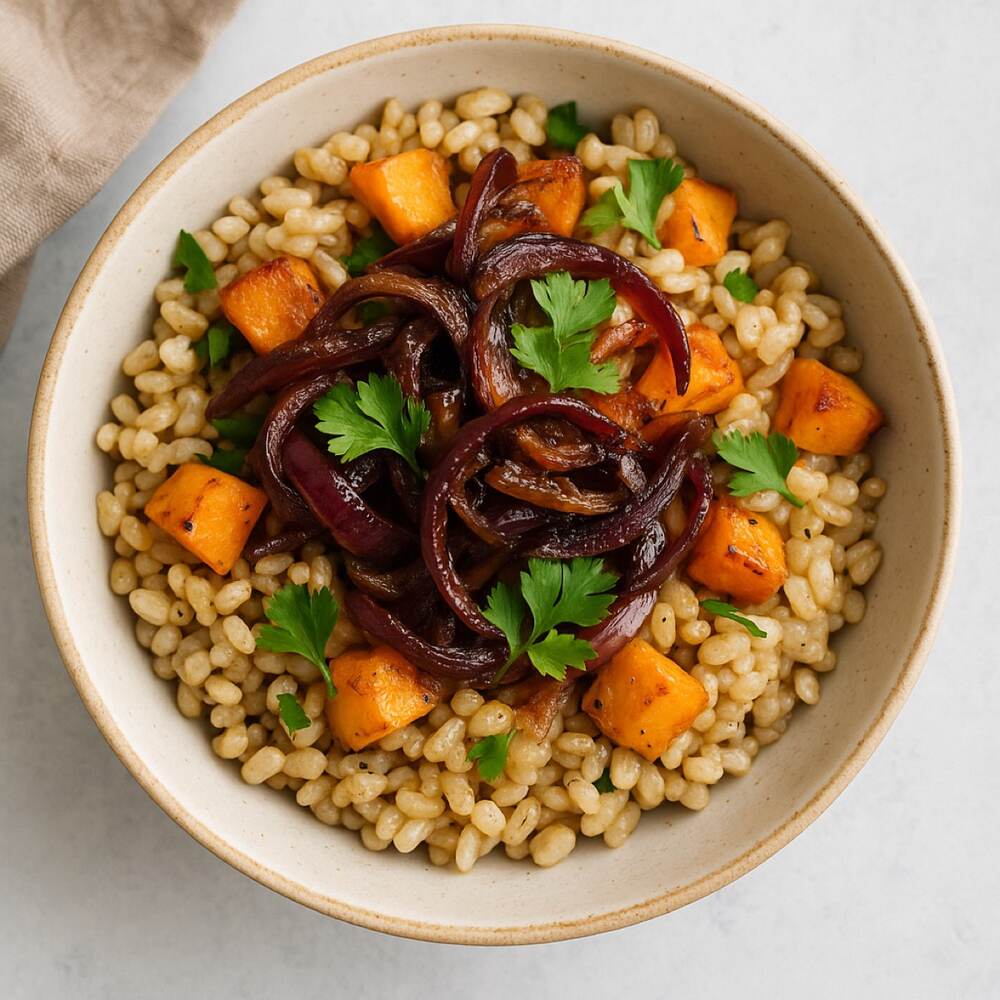 Pearl Barley, Sweet Potato & Caramelised Red Onion Bowl