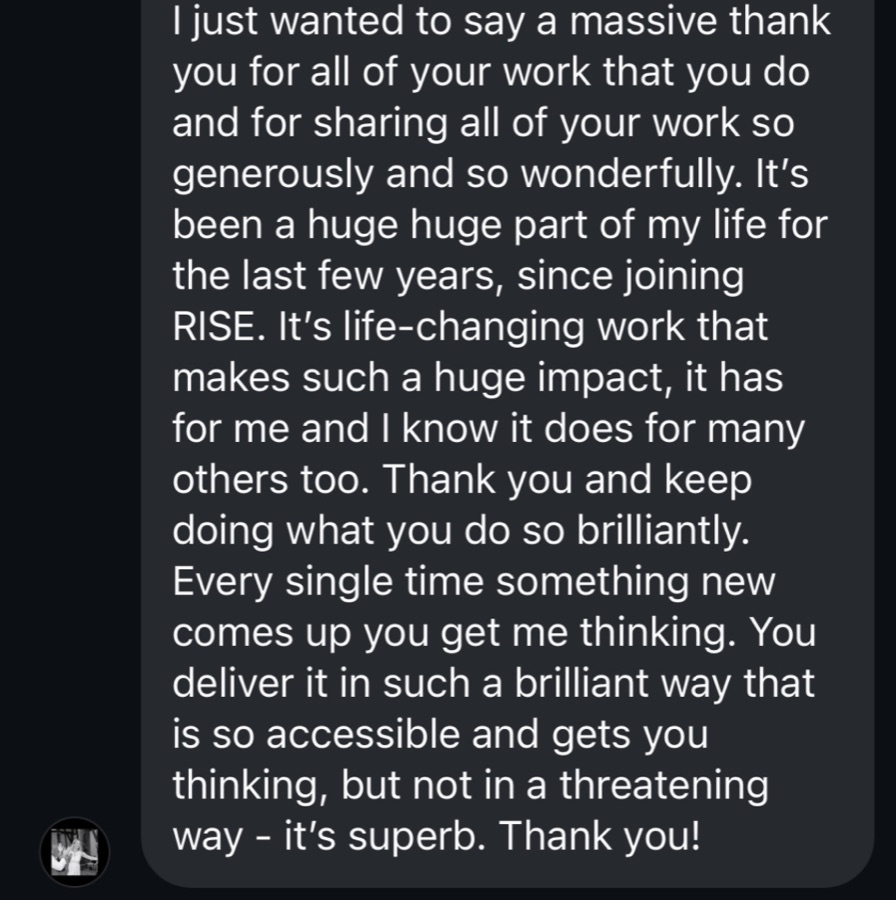 A member thanking Lauren for her work and saying RISE has been a huge part of her life for the last few years