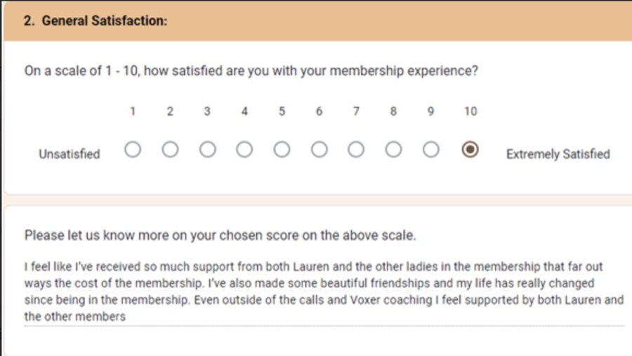 A member rating her membership 10 out of 10 and saying she has received support far beyond its cost