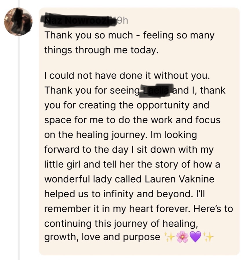 A member thanking Lauren for the space to focus on her healing journey